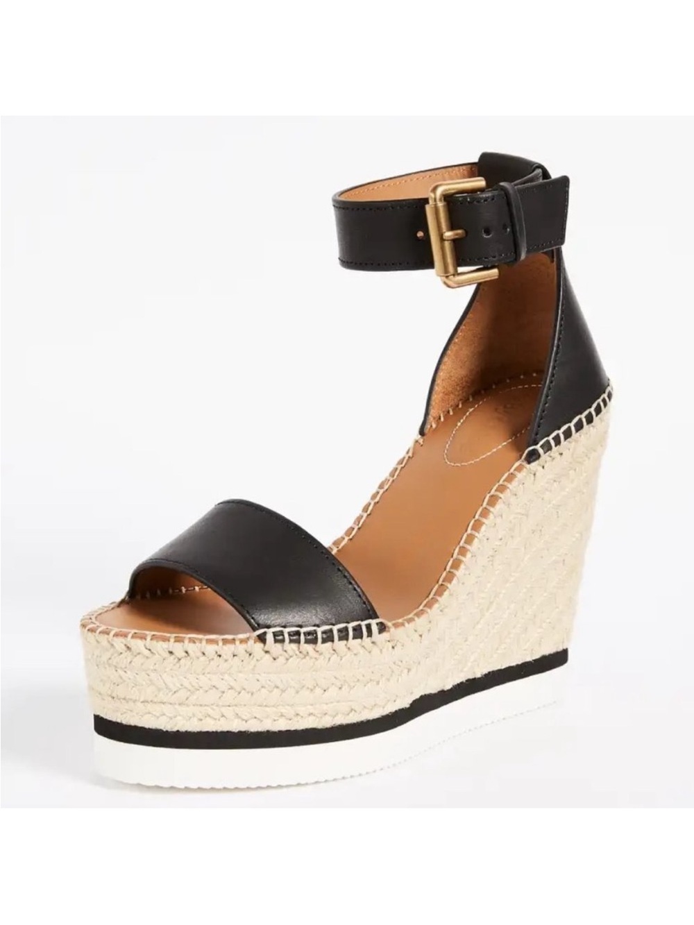 See By Chloe Black Leather Espadrille Wedge Sandals